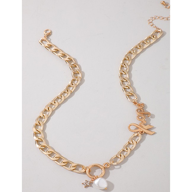 LRC Kalung Fashion Golden Alloy Alphabet Star Pearl Circle Necklace P06570