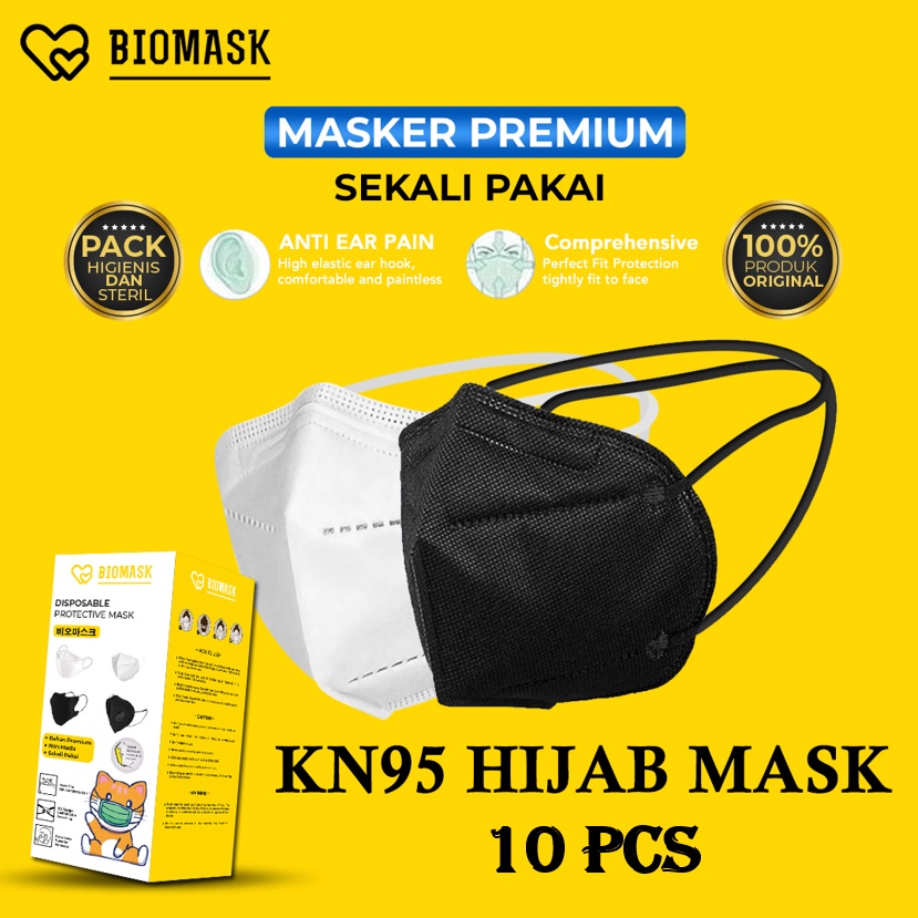 BIOMASK - Masker KN95 5Ply HIJAB 10Pcs Headloop PUTIH / HITAM BLACK WHITE KN 95 Masker Wajah KN95 5-