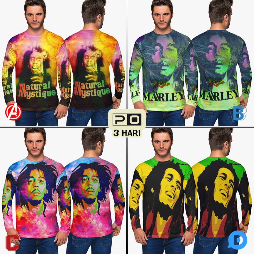 Kaos Tangan Panjang Bob Marley Jamaica Tshirt Fullprint Bahan Polyester Jersey