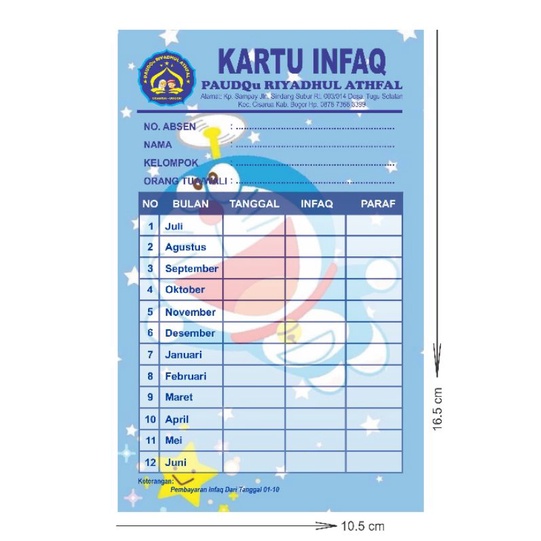 

KARTU SPP/BULANAN/IURAN/INFAK TK/PAUD CUSTOM NAMA, ALAMAT DAN LOGO SEKOLAH