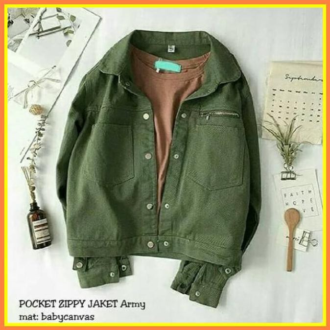 POCKET ZIPPY JAKET ARMY WANITA CEWEK CAMO MOTIF TENTARA SAKU BEST QUALITY