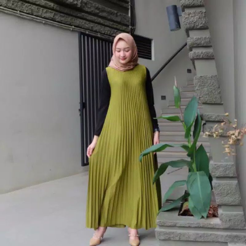 DRESS PLISKET TANPA LENGAN JUMBO MOTIF POLOS TERBARU