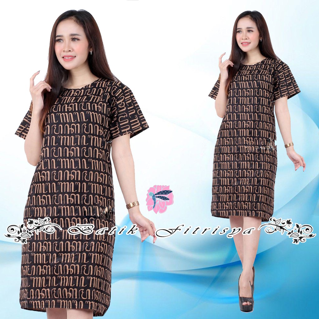 Dress Natal - BATIK WANITA JUMBO DRESS TUNIK XXXXL / 4L LENGAN PENDEK MOTIF AKSARA JAWA HITAM MODEL 