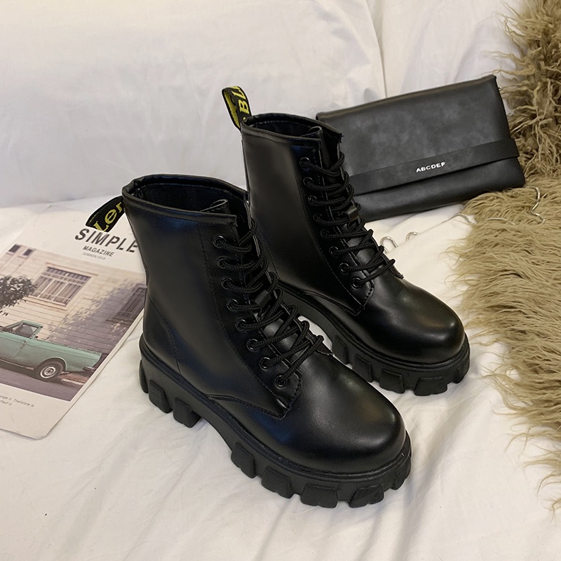 Sepatu Ankle Boots Docmart Wanita Import Korea Bot Kulit Paten Tali Karet Murah Hitam Big Size Korean Style Black Platform Booties - Ukuran 35 36 37 38 39 40 41