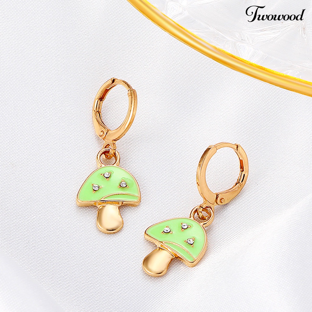 Twowood 1 Pair Mushroom Shape Rhinestone Drop Earrings Alloy Piercing Bright Color Clip Earrings Jewelry Accessory