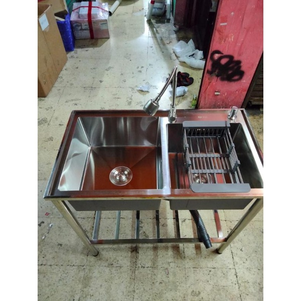 PAKET KITCHEN SINK PORTABLE DUA LUBANG JKM 8245 PAKET LENGKAP KERAN FLEKSIBEL STAINLESS SUS 304 BAK 