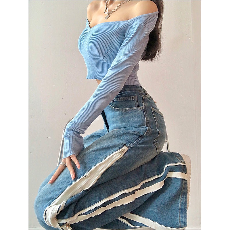 Suhao Double Side Zipper Wide Leg Jeans Celana Panjang Wanita Straight Trap Flared Pants Desain Sense Small High Street Pants