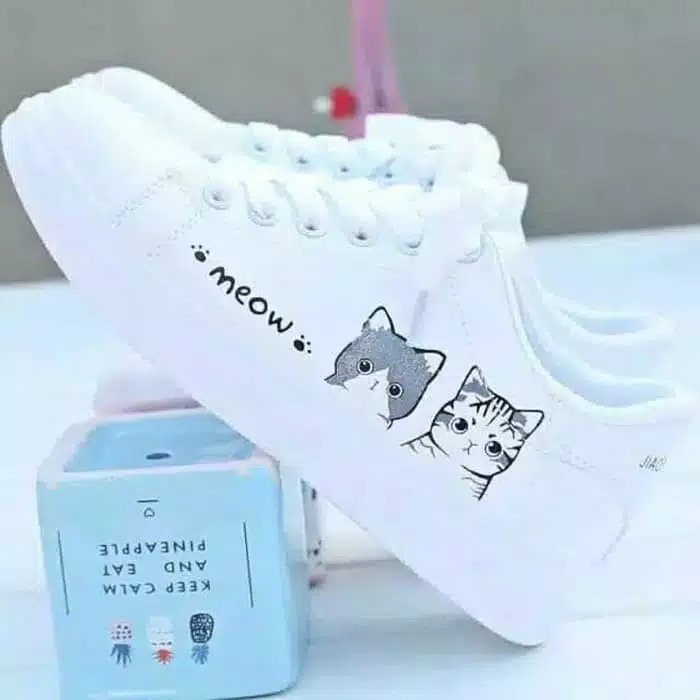 SEPATU SNEAKERS WANITA KASUAL MEOW LUCU / SEPATU WANITA FASHION SEKOLAH PUTIH KEKINIAN COD