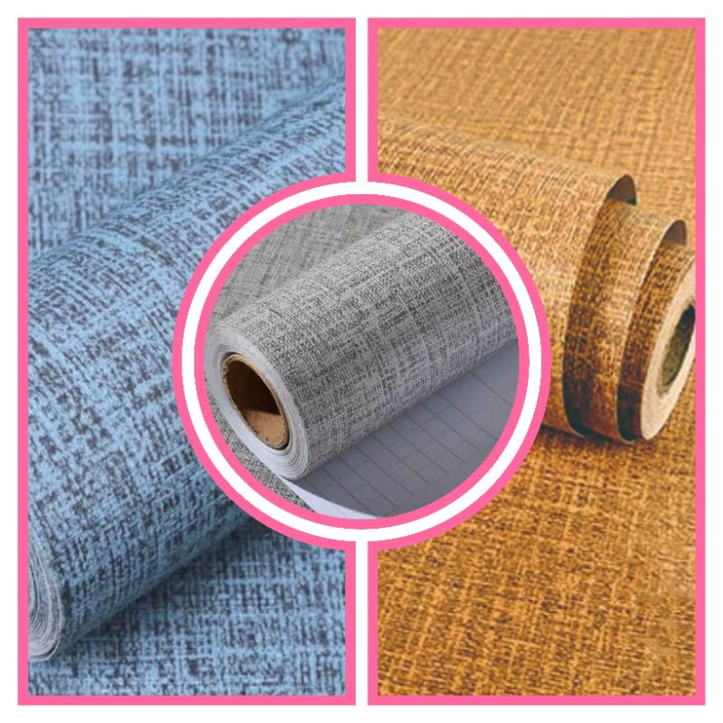 Wallpaper Stiker Dinding Motif Serat Kain Warna Biru Polos Coklat Polos Abu abu Polos Elegan Mewah K