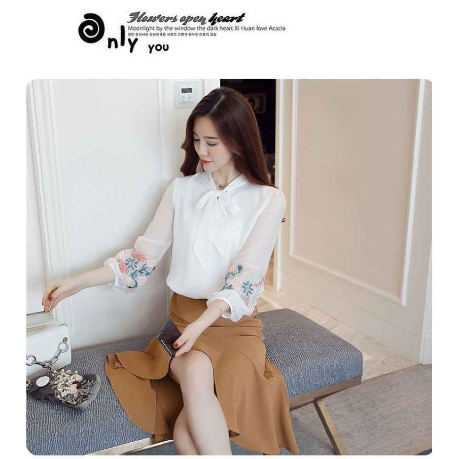 Blouse Putih Lengan Panjang Import Gaya Korea Formal Bahan Sifon TF32097