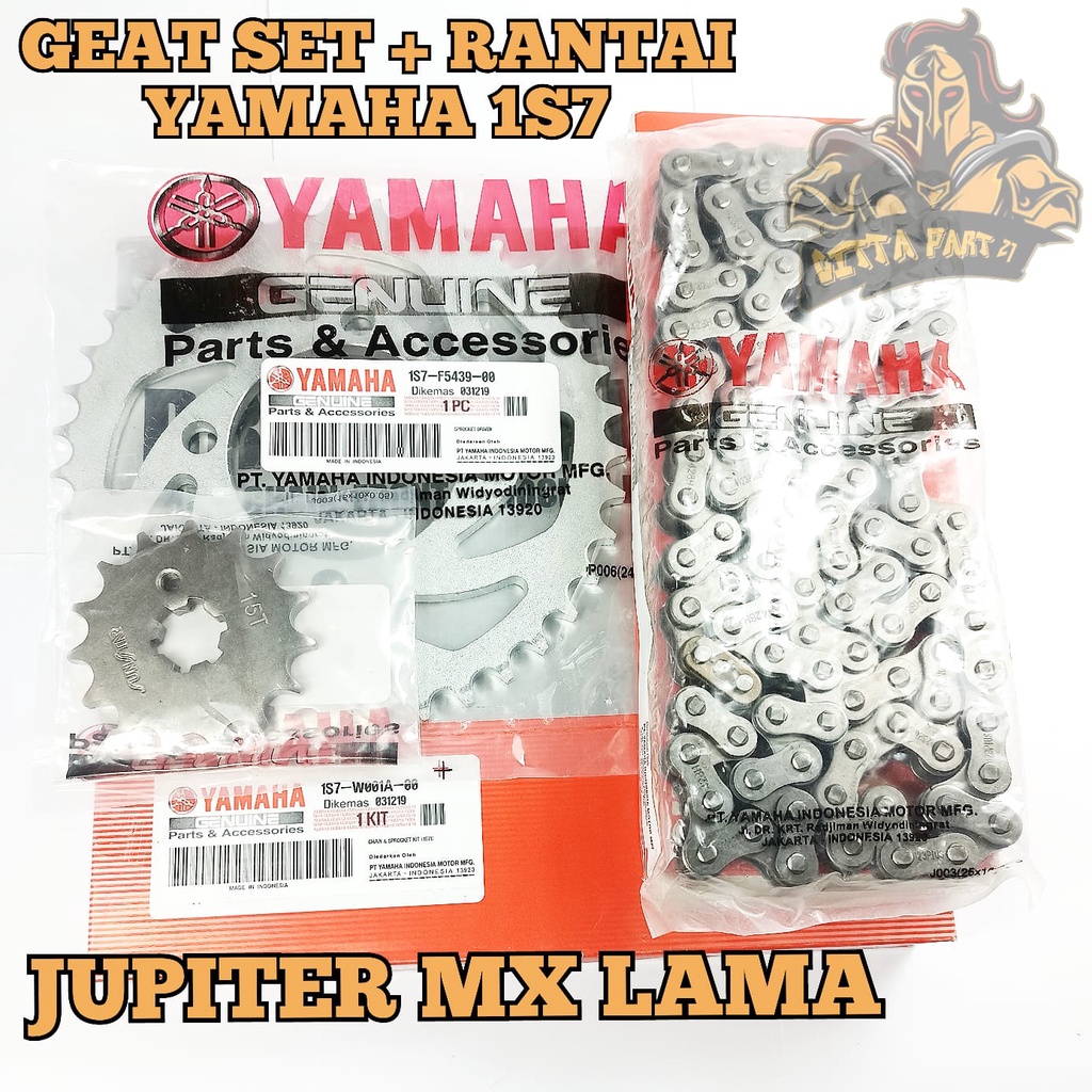 GEAR SET PLUS RANTAI YAMAHA 1S7 JUPITER MX LAMA KUALITAS ASLI ORIGINAL YAMAHA presisi kokoh tidak bunyi atau berisik awet dan dijamin mantap JUPITER MX OLD