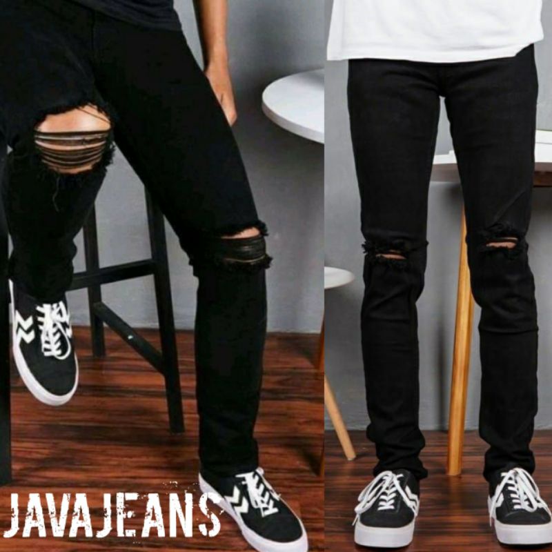 CELANA JEANS PRIA PANJANG SEMI SOFTJEANS SLIMFIT HITAM SOBEK LUTUT RIPPED JEANS STREET MELAR