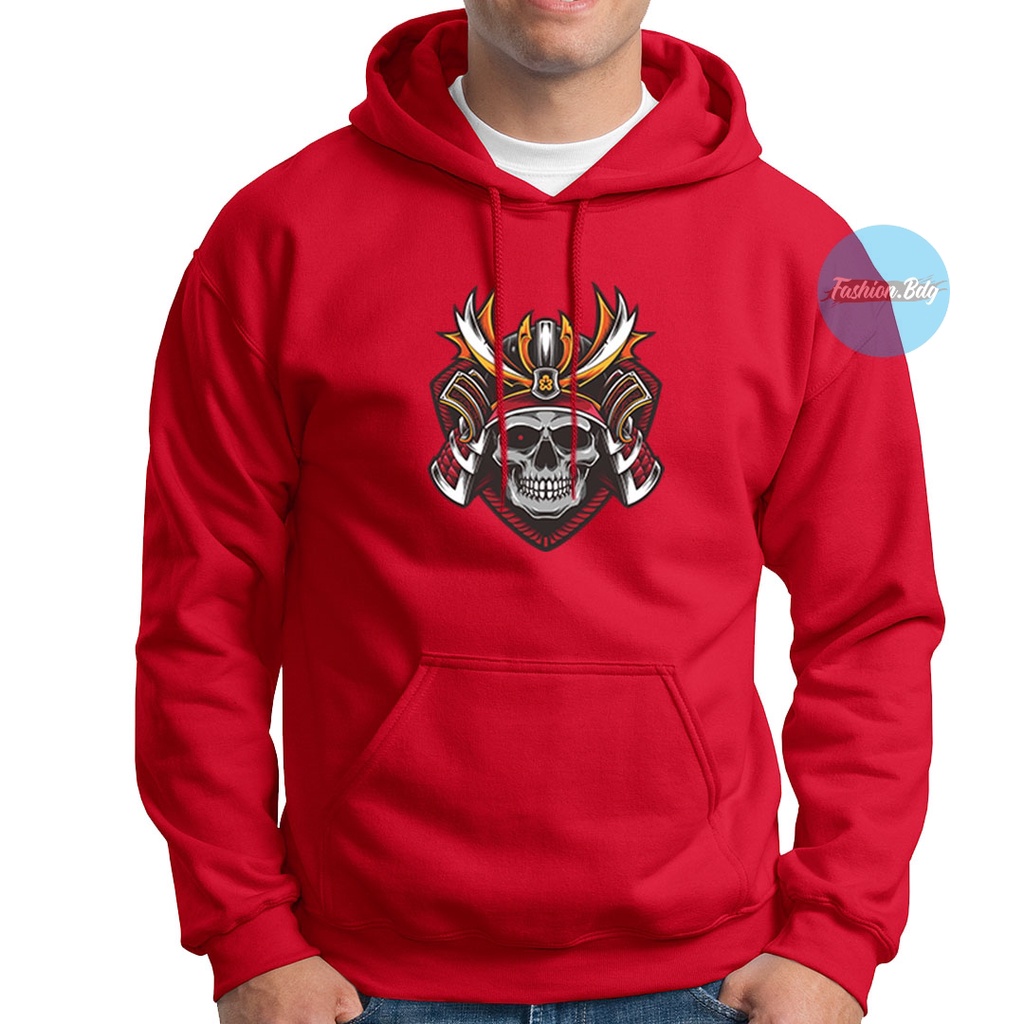 Sweater Hoodie Samurai Skull Bahan Fleece Warna Hitam Navy Merah Abu