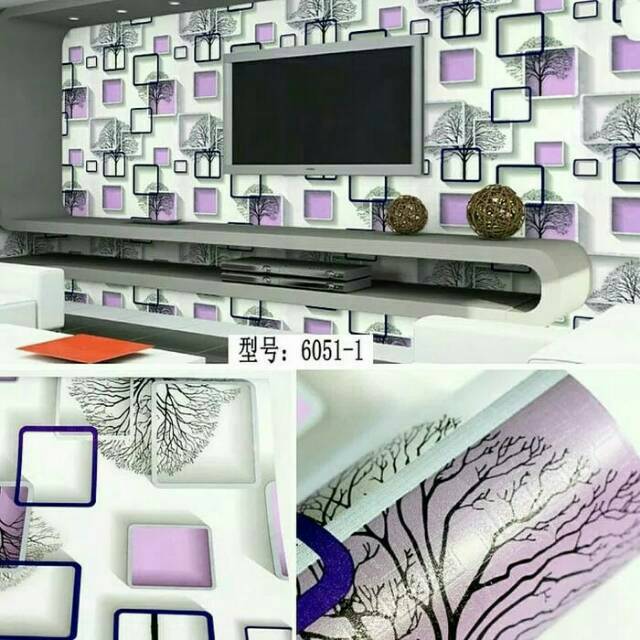 wallpaper dinding motif pohon kotak 3d ungu
