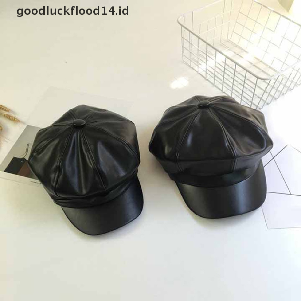 Topi Kasual Bentuk Octagonal Bahan Kulit PU Warna Solid Gaya Vintage Untuk Wanita