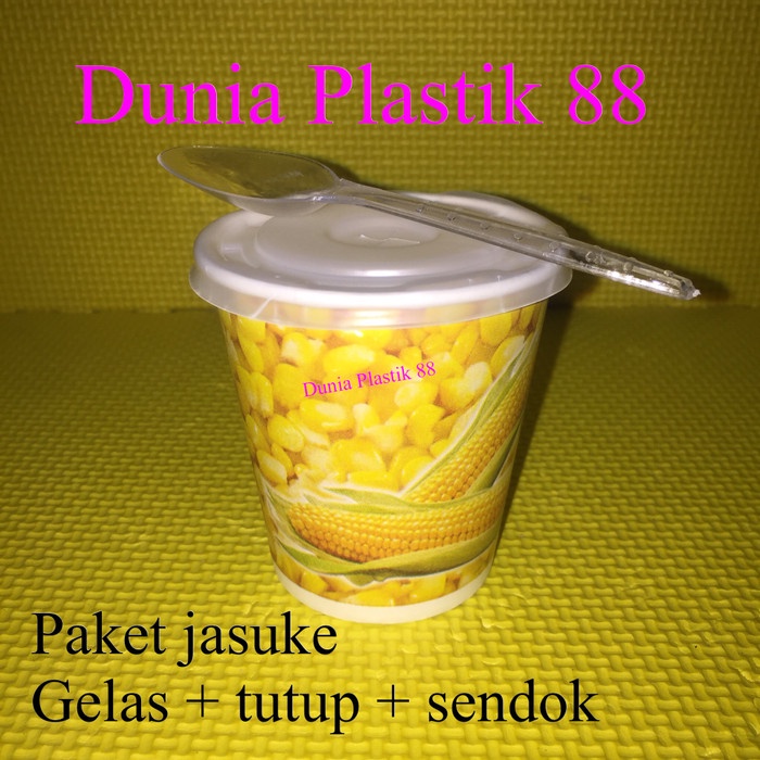 MAKAN-PERALATAN-PAKET- @50SET PAKET JASUKE GELAS KERTAS PAPER CUP 6,5OZ+ TUTUP +SENDOK JAGUNG