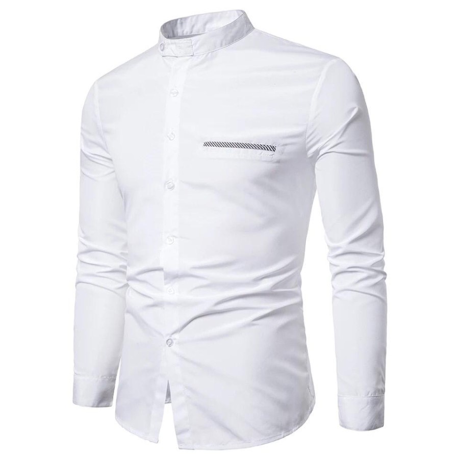 Kemeja putih distro jumbo import premium pria V5U8 casual Kerja Kantor coolman Tanpa Kerah lengan pe