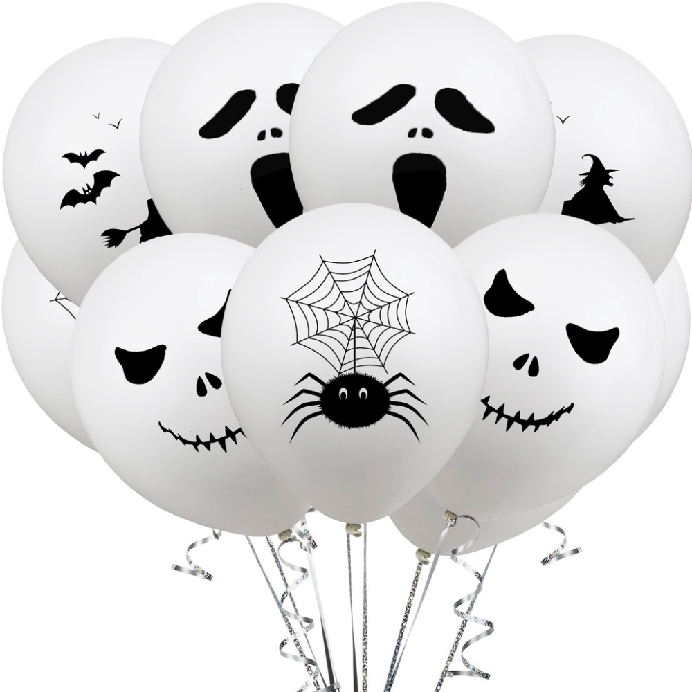 10 Pcs Balon Latex Motif Print Wajah Hantu Penyihir Kelelawar Laba-Laba Untuk Dekorasi Pesta Halloween