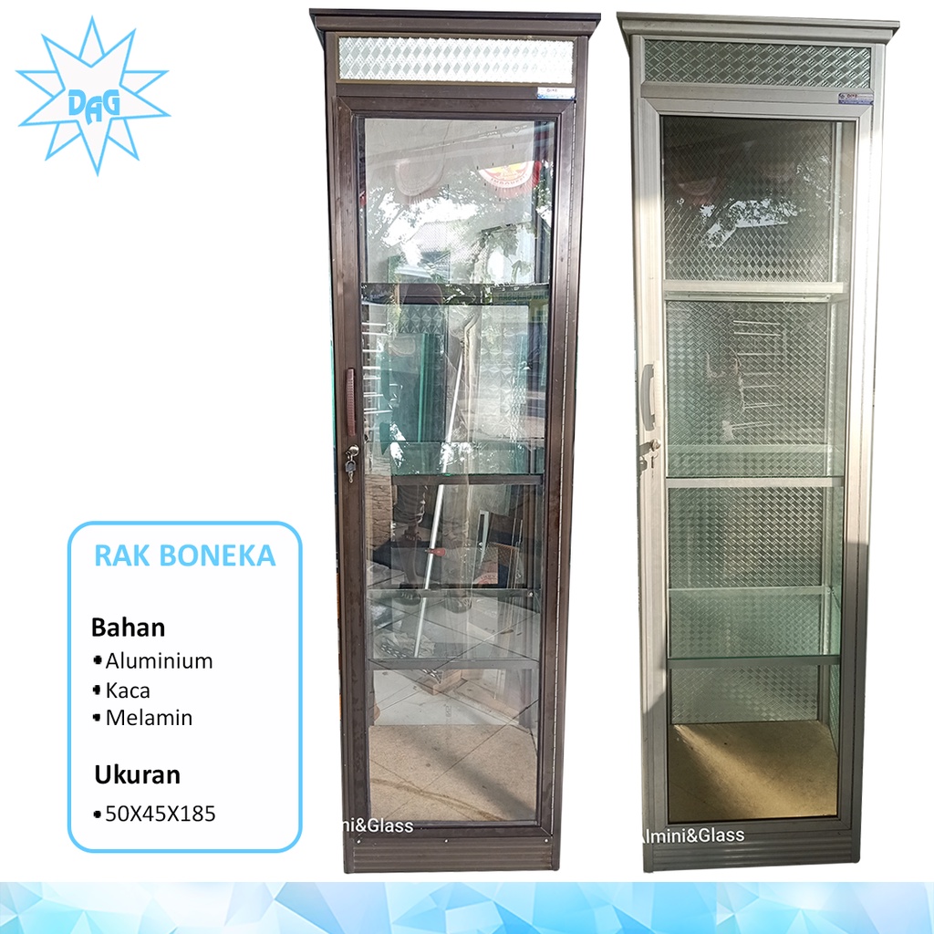 Lemari multifungsi baju,rak mainan 1 pt lemari boneka kaca unik, alumunium frame coklat