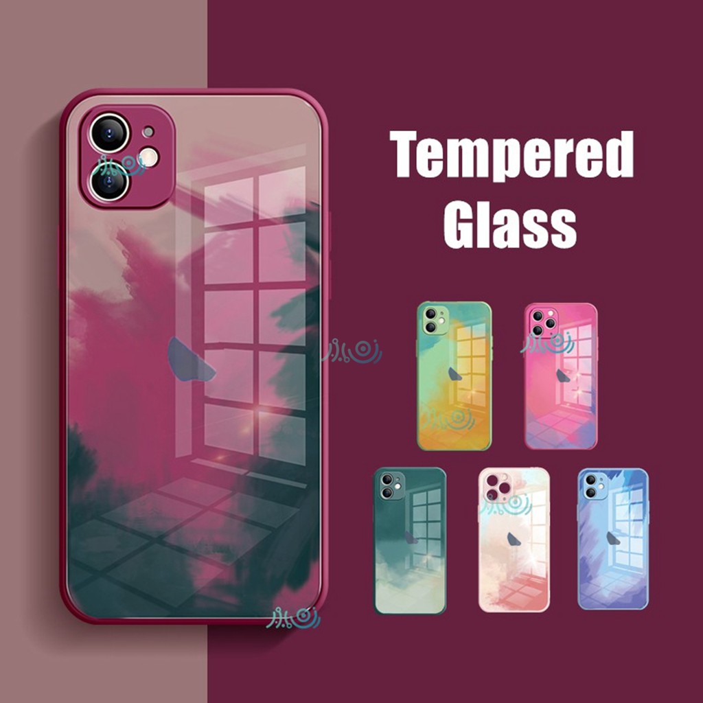 Case Tempered Glass Motif Lukisan Cat Air Untuk Iphone 13 Pro Max 11 12 Pro Max 13 12 11 Pro Max