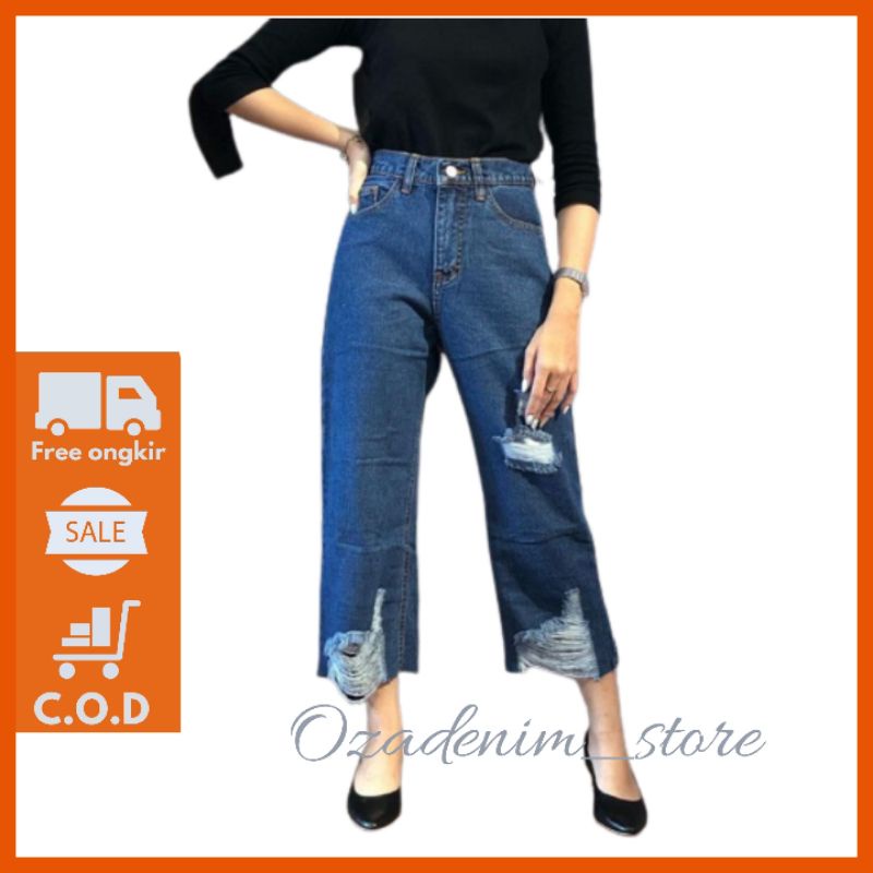 Celana Jeans Wanita Kulot Sobek Bawah Lutut Rawis Kekinian