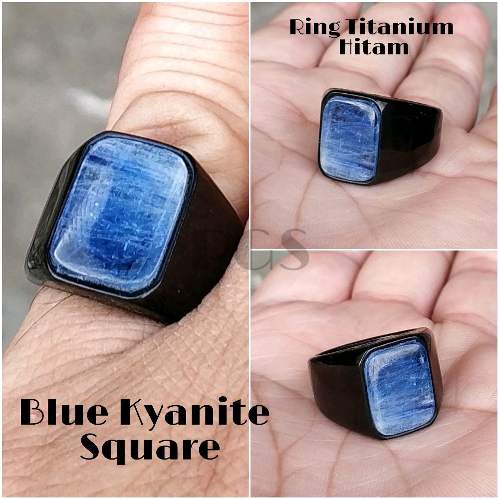 CINCIN BATU PERMATA NATURAL BLUE SAFIR KYANITE MINIMALIS SQUARE TITANIUM HITAM