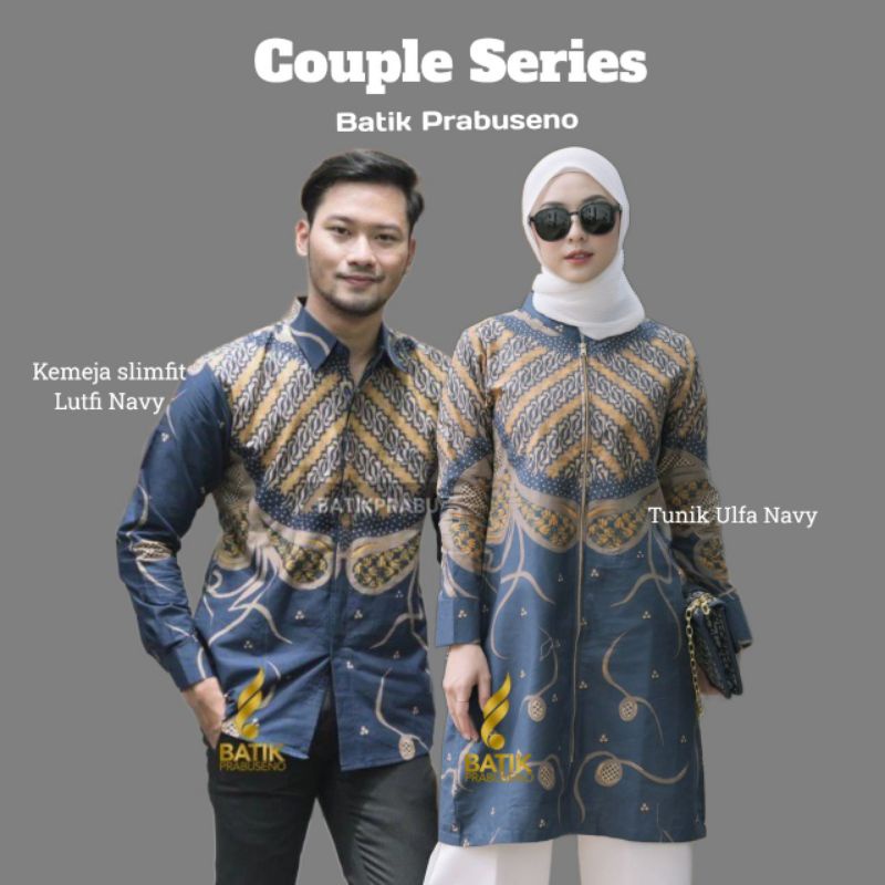 BATIK COUPLE MOTIF LUTFI ULFA NAVY - BAJU KEMEJA BATIK PRIA SLIMFIT LENGAN PANJANG ATASAN TUNIK WANI