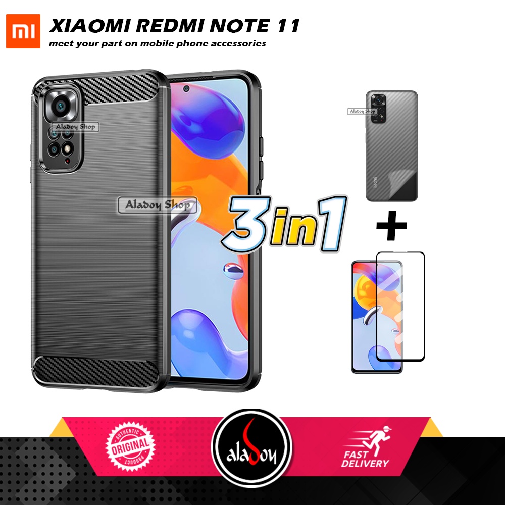 PAKET 3IN1 Case Xiaomi Redmi Note 11 Ipaky Carbon Casing + Tempered Glass Layar Full Cover + Skin Carbon 3D Film