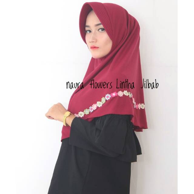Hijab jilbab bergo kerudung instan pet antem renda jilbab kaos grosir termurah NAURA FLOWER L
