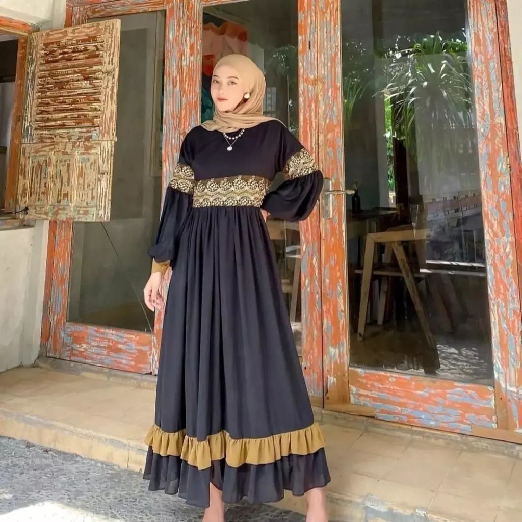 GAMIS WANITA ANGGITA DRESS BAHAN MOSSCRAPE MIX RENDA LD 110 CM PB 138 CM ZIPPER DEPAN GAMIS WANITA TERBARU 2023 KEKINIAN / MAXI DRESS WANITA JUMBO / BAJU MUSLIM WANITA MODERN / GAMIS BUSUI FRIENDLY / FASHION BAJU MUSLIM WANITA