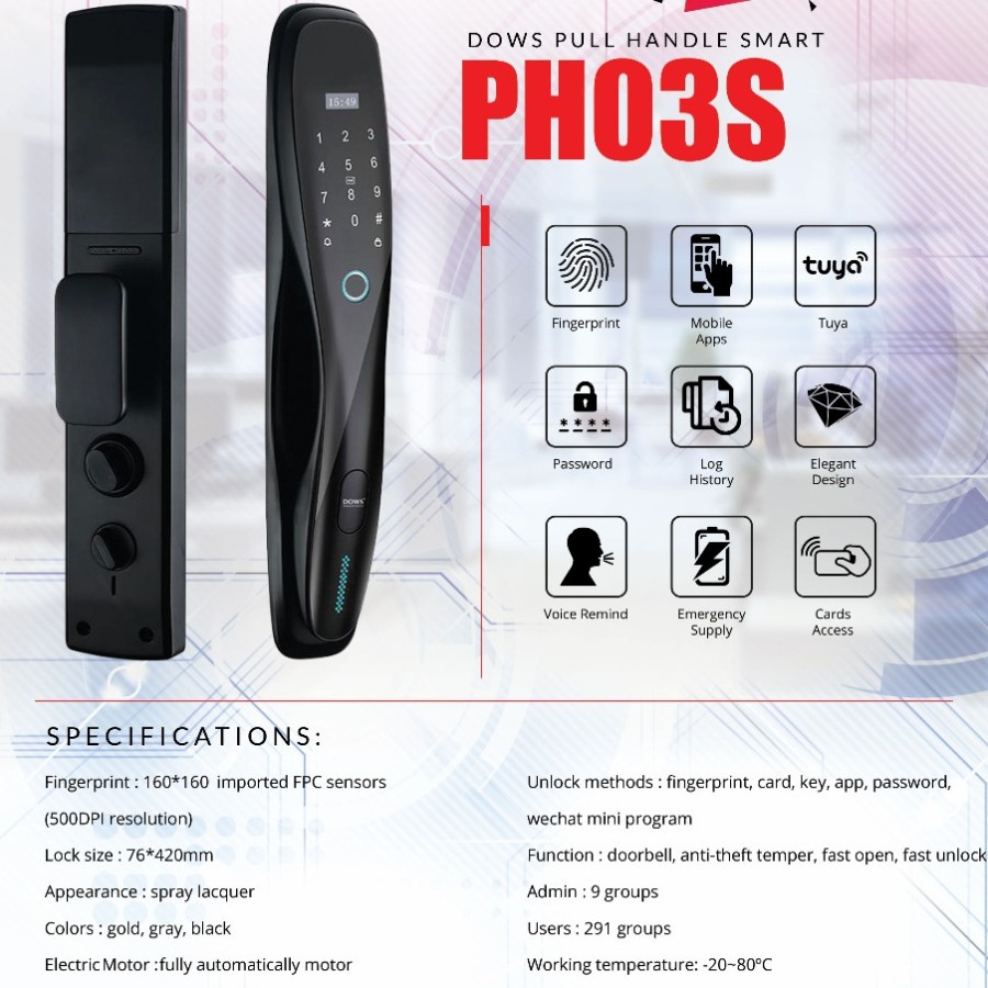 Handle pintu otomatis, smart lock, finger print merk Dows PH 03S