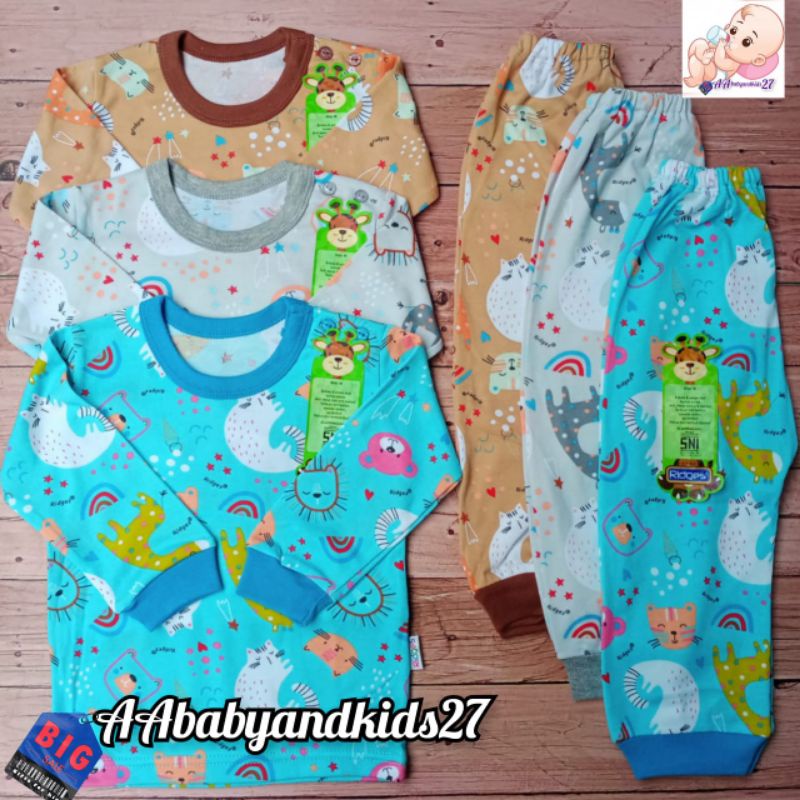 3Pasang Setelan Ridges Lengan Panjang Kancing Bahu Full Print Dino Parasut Ukuran S M L XL SNI