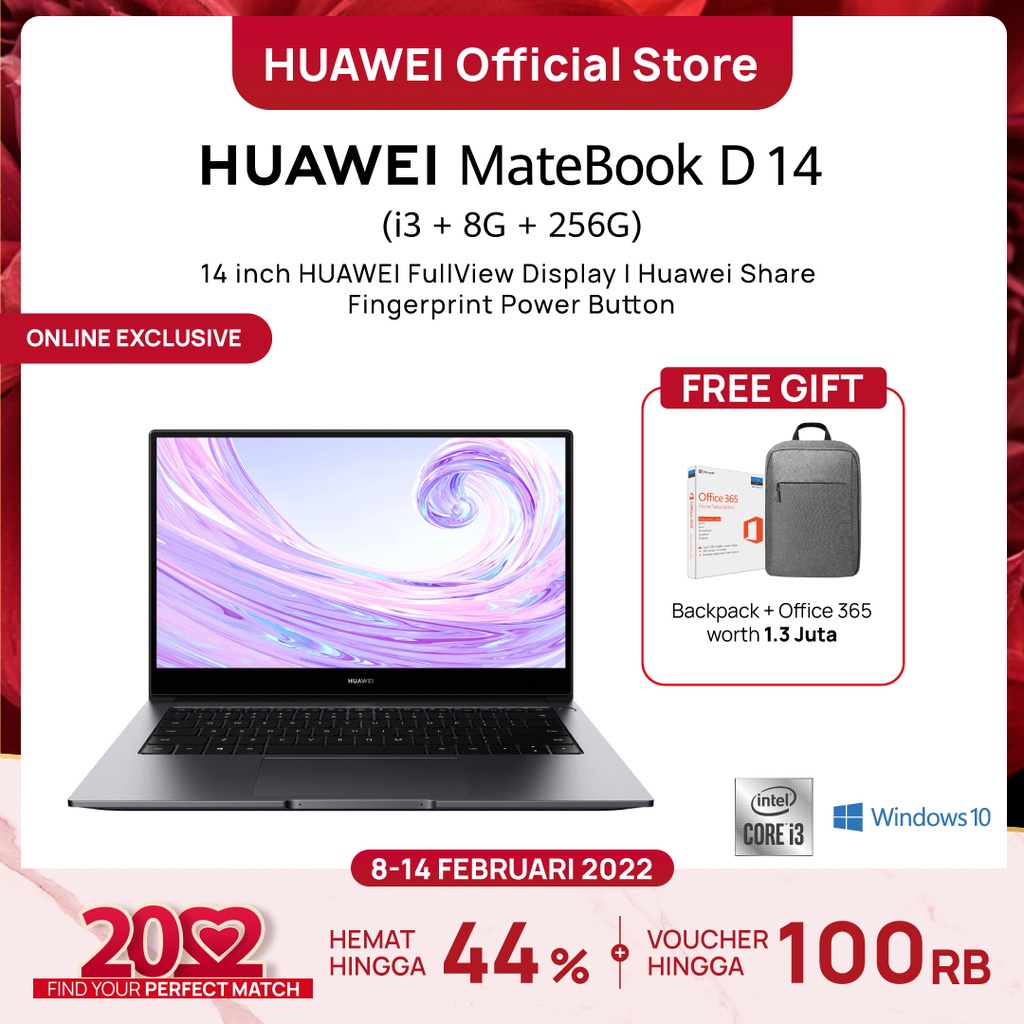 PROMO MURAH 2.2 FLASH SALE HOT    [Valentine] HUAWEI MateBook D14 i3 Laptop [Intel i3/8GB/256GB] |