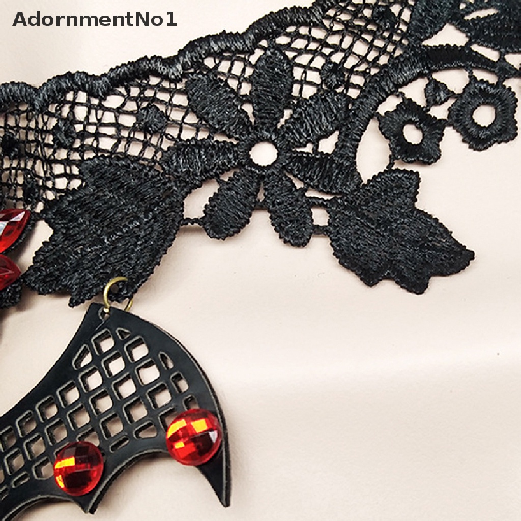 (AdornmentNo1) Kalung Choker Lace Gaya Gothic Aksen Kelelawar + Manik-Manik Kristal Untuk Perhiasan Wanita