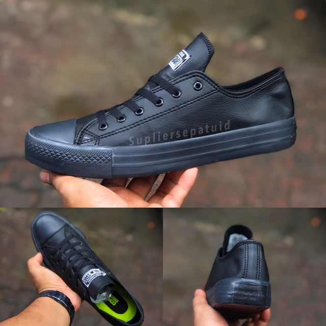 Sepatu sneakers converse full black kulit leather low pria wanita unisex