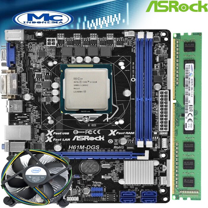 Motherboard Mobo Mainboard H61 + Processor i3 + FAN + RAM 4GB