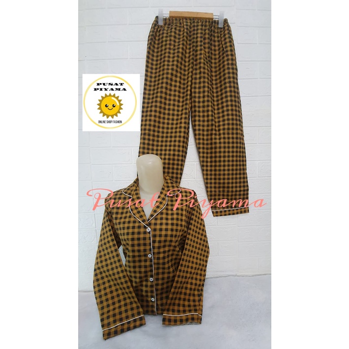 Setelan Lengan Pendek Piyama Baju Tidur Wanita Guilen Kotak Pajamas Cewek Dewasa Kekinian Abg-L Lumin PanjG KuninG