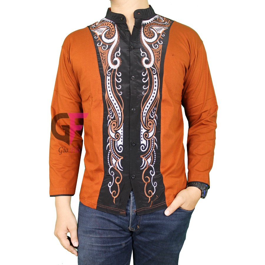 GIOFLO Baju Koko Terkini Lengan Panjang Bordir Modis Brown / KKL 18