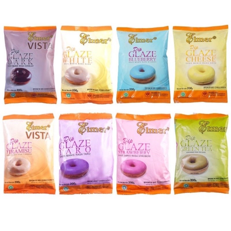 

ELMER DIP GLAZE 200G (CHEESE/ GREEN TEA/ TARO/ WHITE/ BLUEBERRY/ DARK/ STRAWBERRY/ TIRAMISU) (Topping Donat/ Selai cokelat/ Olesan roti)