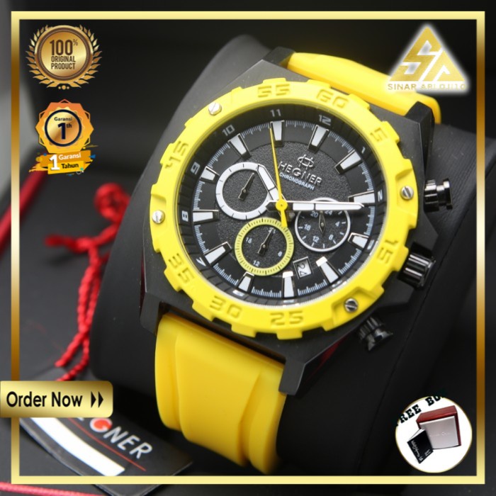 JAM TANGAN HEGNER PRIA COWOK ORIGINAL ORI BRANDED ANALOG BLACK YELLOW HW 1671