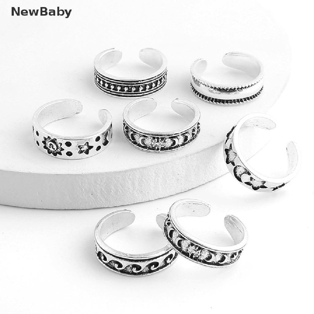 NewBaby 7Pcs Vintage Hollow Carved Star Moon Toe Rings Kits Adjustable Open Finger Ring ID