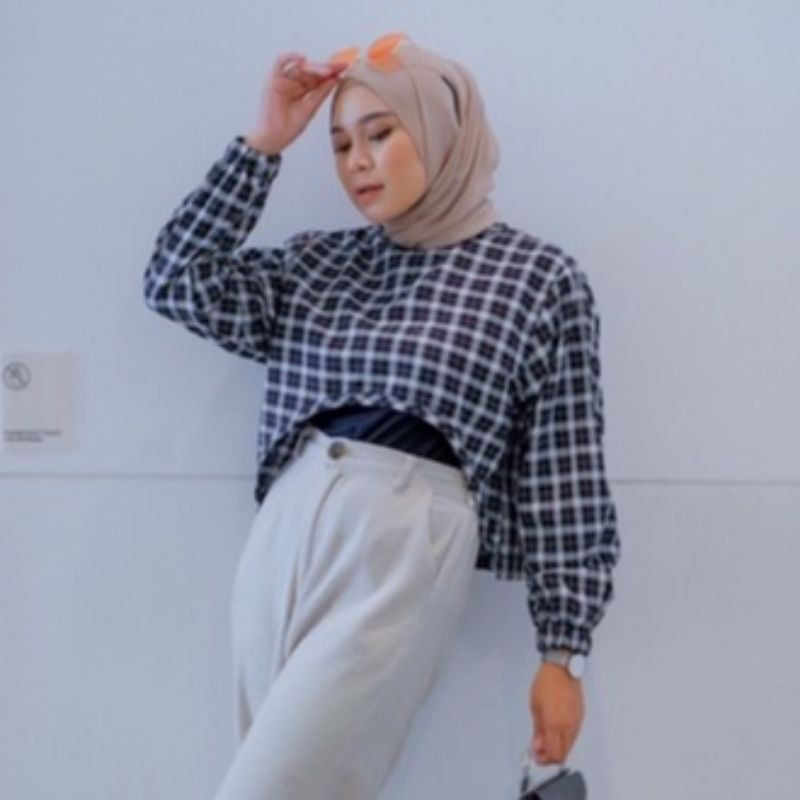 BECHARA TOP CROP KOREAN TARTAN OVERSIZE OUTHER FLANEL