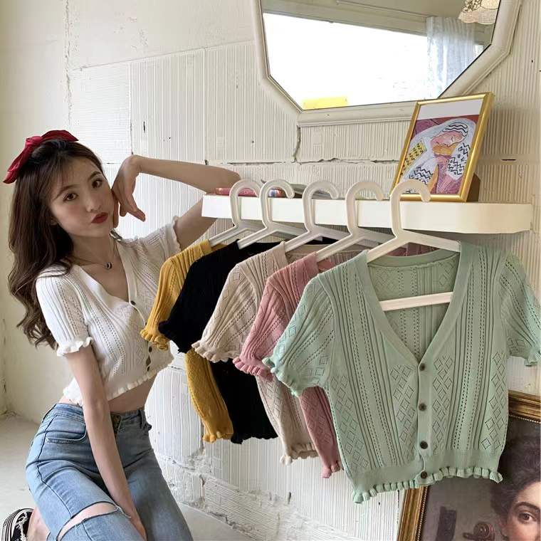 JOANA CROP BUTTON WANITA / Korean Lettuce Vneck - ATASAN CROP TOP KOREAN STYLE RIB