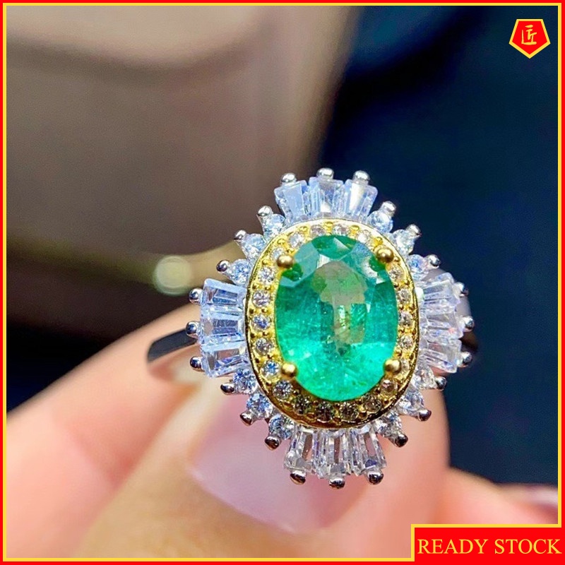 [Ready Stock]Luxury Full Diamond Natural Emerald Ring