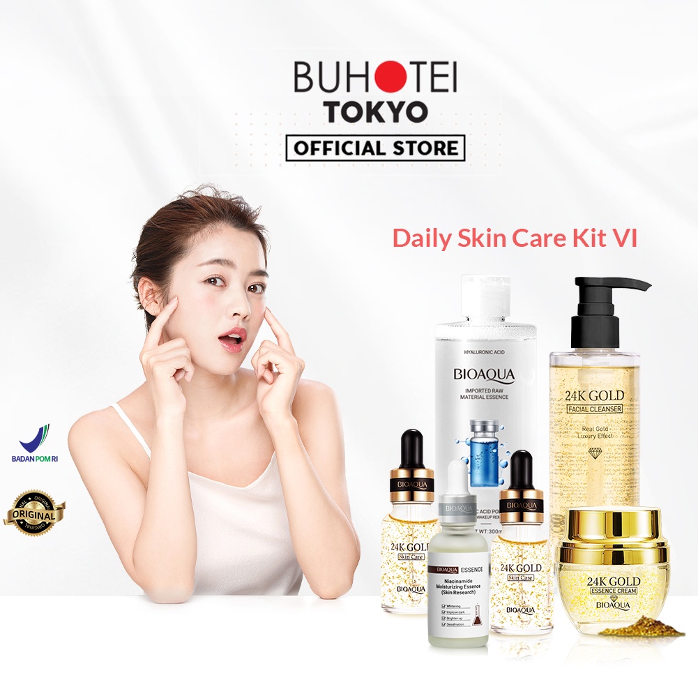 BUHOTEI Bioaqua 24K Gold Skin Care BPOM Skincare Paket Lengkap Whitening dan Brightening Essence Cream Skin Barrier & Gentle Cleanser & Exfoliating Toner & Hydrating Serum Skincare Untuk Kulit Berminyak Acnes Menghilangkan Bekas Jerawat Oil Control-BA-Skin Care Kit VI