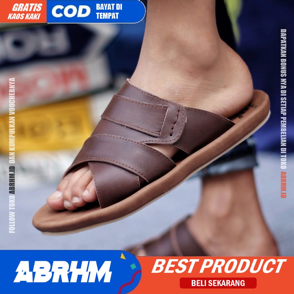 ABRHM x EXCO Sandal Slide Pria Sandal Slop Pria Kulit Asli Sendal Selop Cowok / Cowo Ori Kekinian