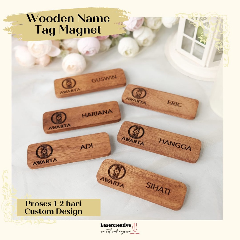 Custom Name Tag Kayu Wooden Magnet Tempel Dada