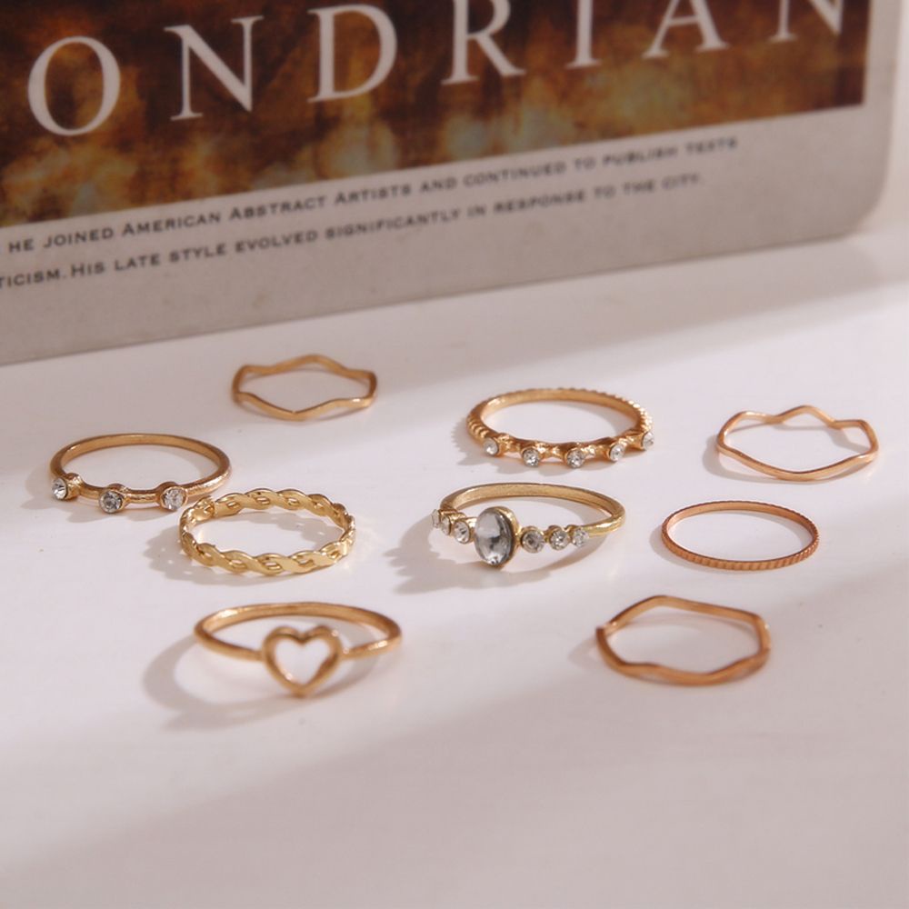 Cincin Set Fashion 9 pcs/set Retro Vintage Batu Gold Emas Hati Berlian Bohemian Korea Dalika