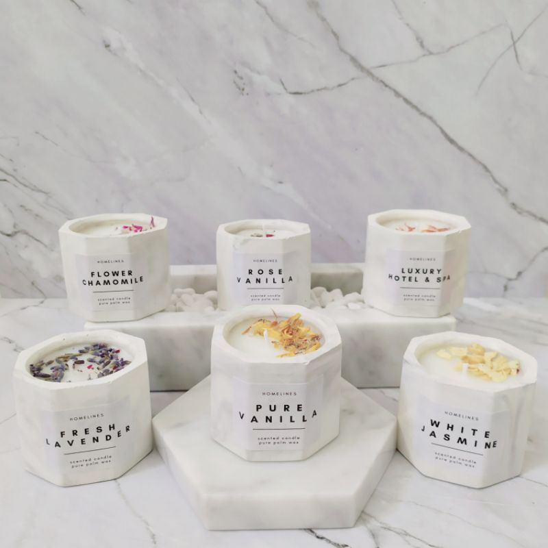 Scented Candle Aesthetic Marble | Lilin Aromaterapi Marbel | Aromateraphy Palm Wax | Aroma Terapi Concrete Pot Dried Flower Wangi | Souvenir Hampers Gift Box