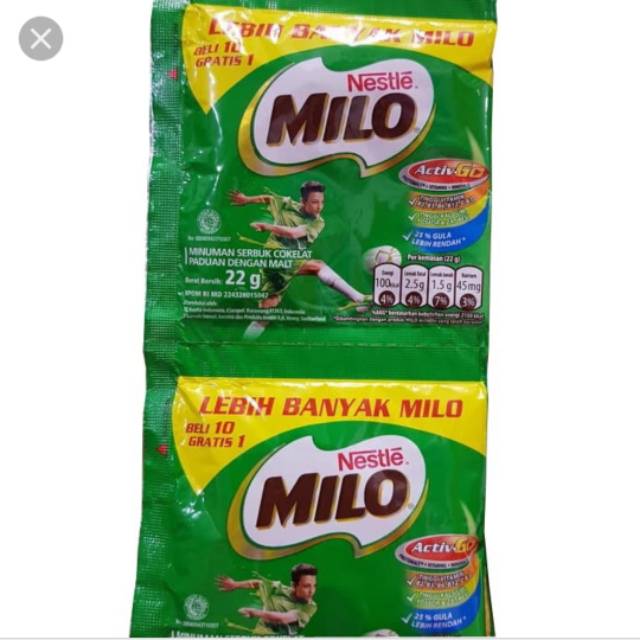 

Milo sachet 22 gr 1 renceng isi 10 gratis 1